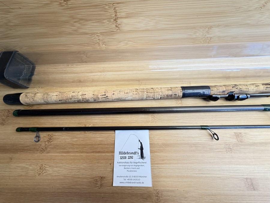 Matchrute, Fabrikat unbekannt, 2tlg., 3,45m, Korkgrifflänge 550mm, Schieberinge, ohne Futteral, Kunststoff Transportrohr, Gebrauchsspuren, Transportlänge 1220mm