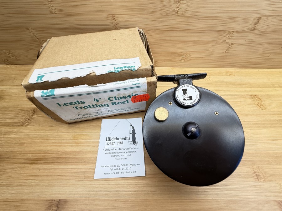 Centerpinrolle, Lewtham Products, The "Leeds Classic" Reel, Rollendurchmesser 108mm, Rollenbreite 45mm, Gewicht 284g, ausschaltbare Knarre, Garantiekarte, ungefischt im Karton