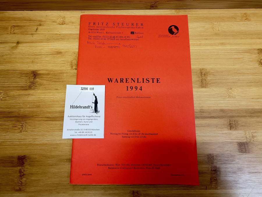 Warenliste 1994, Fritz Steurer, Erste österreichische Fischereigeräte- Fabrik, gegründet 1919, Schutzmarke Eisvogel, 57 Seiten