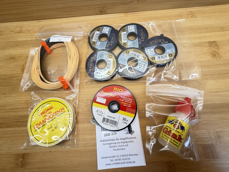 Fliegenfischer Kleinteile, Fliegenschnur TS 250, gefischt, 5 Stroft GTM, angebrochene Spulen, Rio Powerflex Tippet, Kevlar - Vorfach, Gink