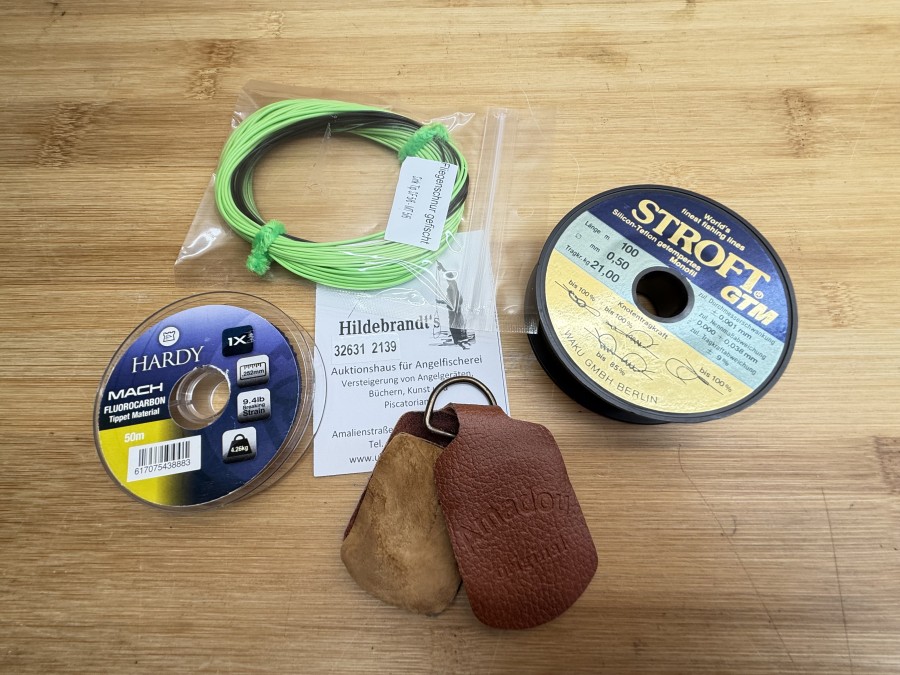 Fliegenfischer Kleinteile, Fliegenschnur gefischt, Sink Tip SF 5/6 - MT 5/6, Amadou Original, Hardy Tippet, Mach, 0,252mm, Stroft GTM, 0,50mm, angebrochene Spulen