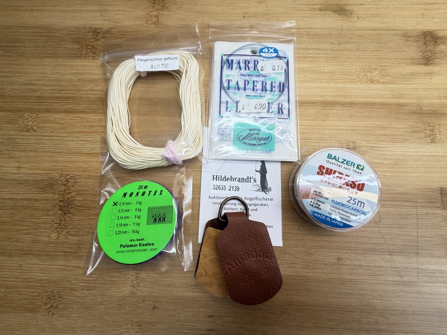 Fliegenfischer Kleinteile, Fliegenschnur gefischt, Wulff, TT 6/7, Amadou Original, Shirasu Fluorocarbon, 0,20mm, 25m, 5 Marryat Tapered Leader, Tippet Monotex, 0,10mm, 25m