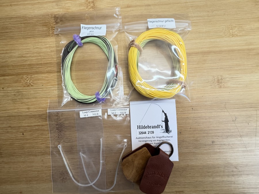 Fliegenfischer Kleinteile, 2 Fliegenschnüre gefischt, Rio Gold  WF 5 F, WF 6 S, Amadou Original, 2 Loop Connector M, 50lb