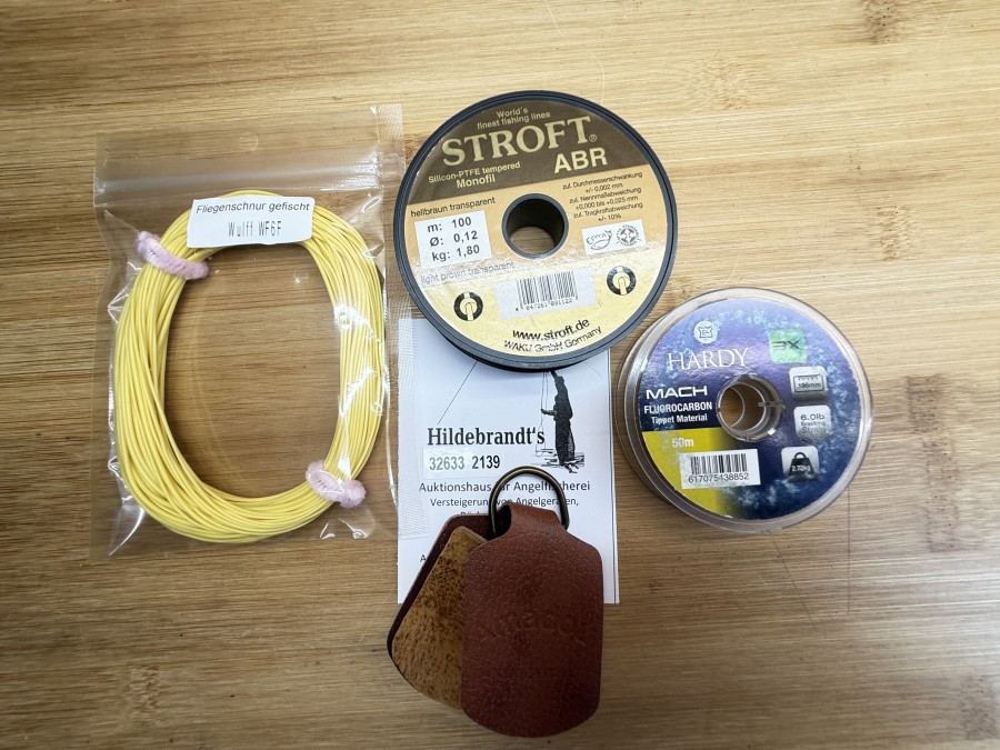 Fliegenfischer Kleinteile, Fliegenschnur gefischt, Wulff, WF6T F, Amadou Original, Stroft ABR. 0,12mm, Tippet Hardy, Mach, 0,196mm, angebrochene Spulen