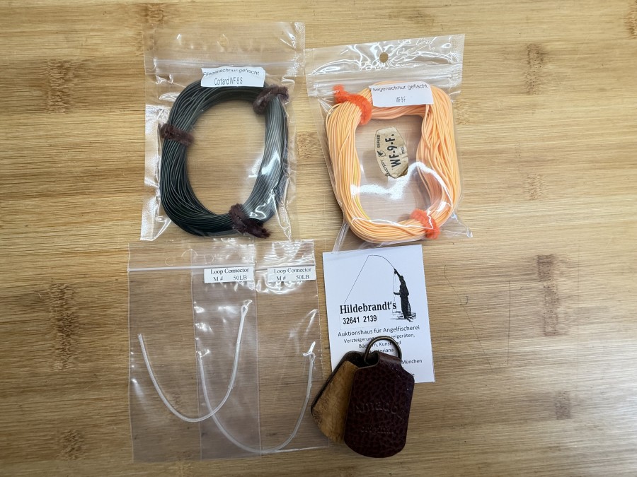 Fliegenfischer Kleinteile, 2 Fliegenschnüre gefischt, Cortland WF 8 S, WF 9 F,  Amadou Original, 2 Loop Connector M, 50lb
