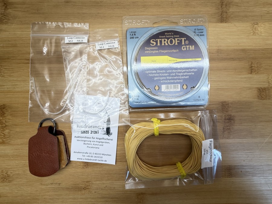 Fliegenfischer Kleinteile, Fliegenschnur gefischt,  WF 5 F, Amadou Original, 2 Loop Connector, 50lb, Stroft GTM Vorfach, Nr. 6
