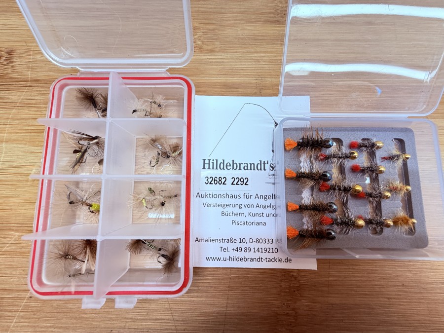 Fliegensortiment, 30 Trockenfliegen, Grösse 14 bis 20, 14 Jig´s, # 12 bis 18, für Forellen und Äschen