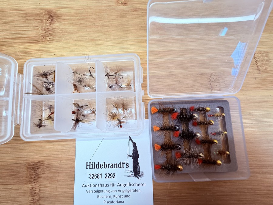 Fliegensortiment, 30 Trockenfliegen, Grösse 14 bis 20, 14 Jig´s, # 10 bis 18, für Forellen und Äschen