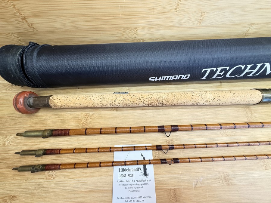 Gespliesste Lachsfliegenrute, Hardy Bros. Ltd, England, Palakona Regd, No 246936, 3tlg., 4,30m, #10, Gewicht 305g, Reservespitze, Lok Fast Hülsen, Codura Transportzrohr, Shimano, Gebrauchsspuren, Transportlänge 1500mm - Sperrgut-Versand