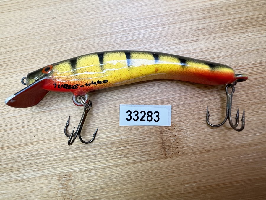Wobbler, Turus Ukko, Handmade in Finland, gemarkt, Tiger, rot/gelb/schwarz, 9cm, 11,00g, ungefischt