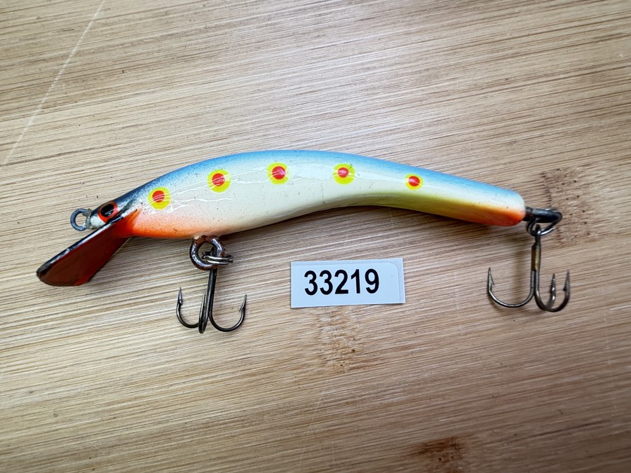 Wobbler, Turus Ukko, Handmade in Finland, orange/gelb/beige/blau/schwarz, gelb/schwarzen Punkten, 9cm, 11,00g, ungefischt