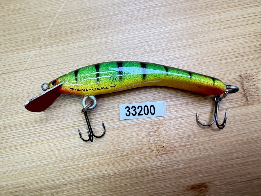 Wobbler, Turus Ukko, Handmade in Finland, Tiger, gemarkt, rot/gelb/oliv/schwarz, 9cm, 11,00g, ungefischt