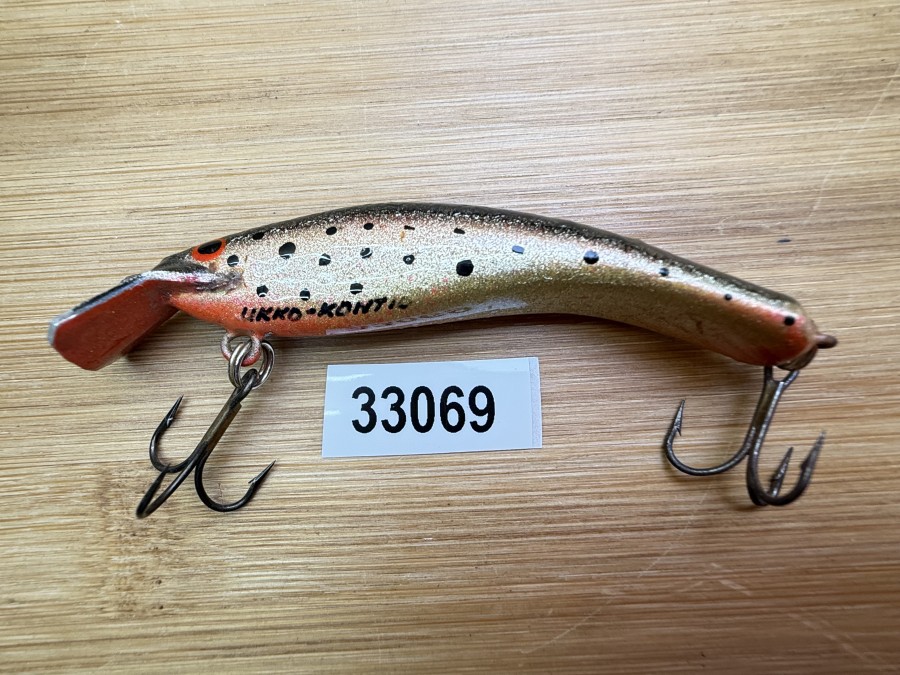 Wobbler, Turus Ukko, Handmade in Finland, gemarkt, rot/gold/schwarz, schwarze Punkte, 7cm, 5,00g, ungefischt