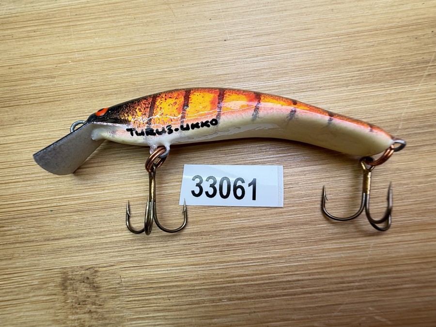 Wobbler, Turus Ukko, Handmade in Finland, gemarkt, beige/orange/schwarz, 7cm, 6,00g, ungefischt