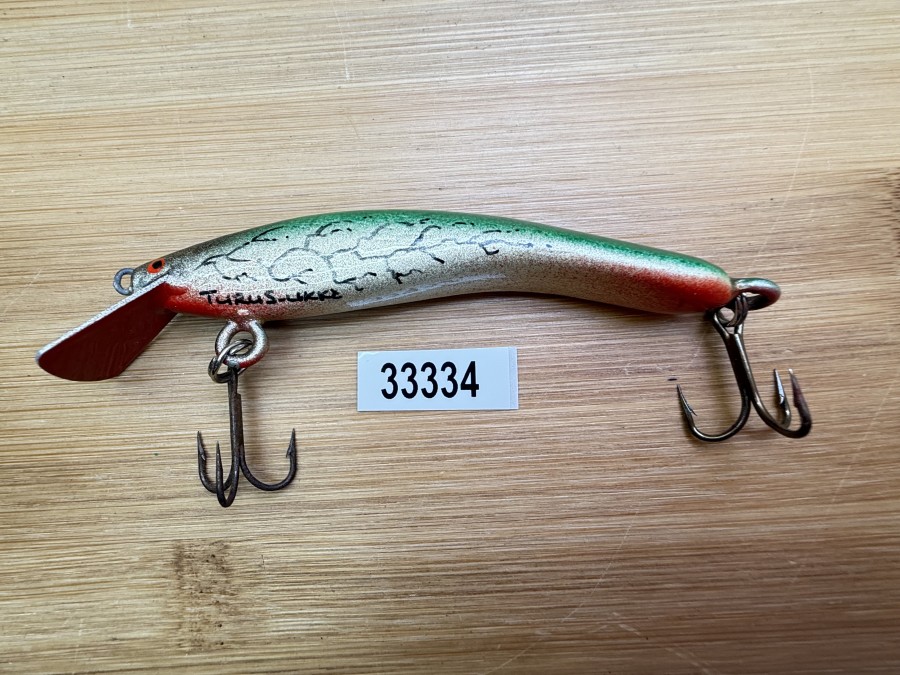 Wobbler, Turus Ukko, Handmade in Finland, gemarkt, orange/gold/grün/schwarz, 9cm, 11,00g, ungefischt