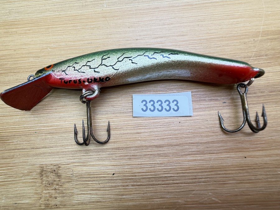 Wobbler, Turus Ukko, Handmade in Finland, gemarkt, orange/gold/blau/schwarz, 9cm, 11,00g, ungefischt