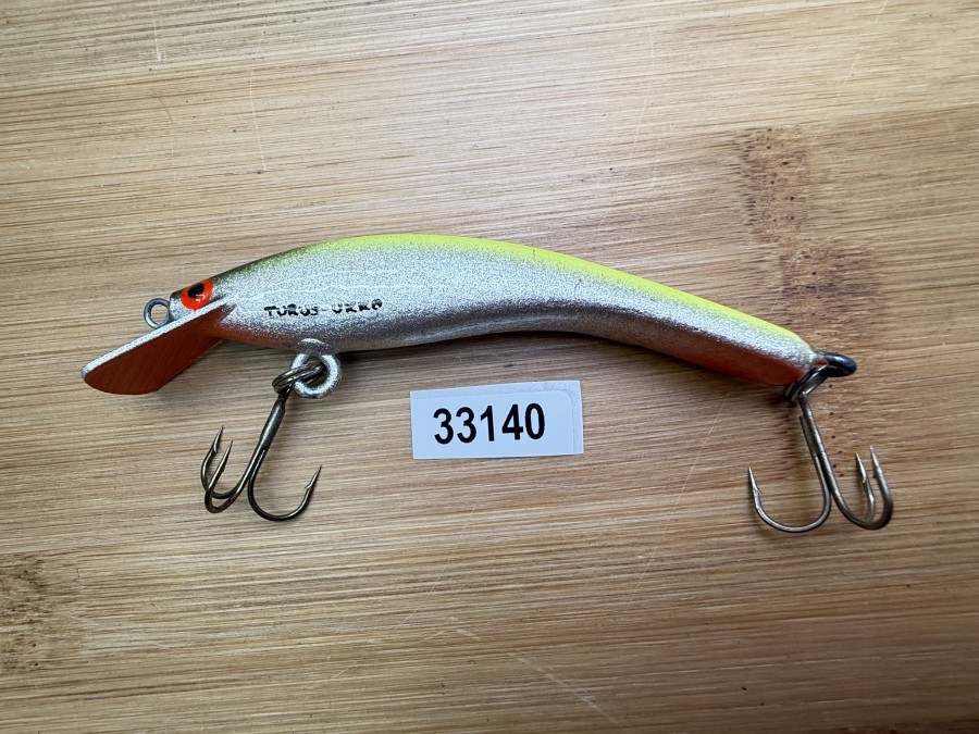 Wobbler, Turus Ukko, Handmade in Finland, gemarkt, orange/silber/gelb/schwarz, 9cm, 11,00g, ungefischt