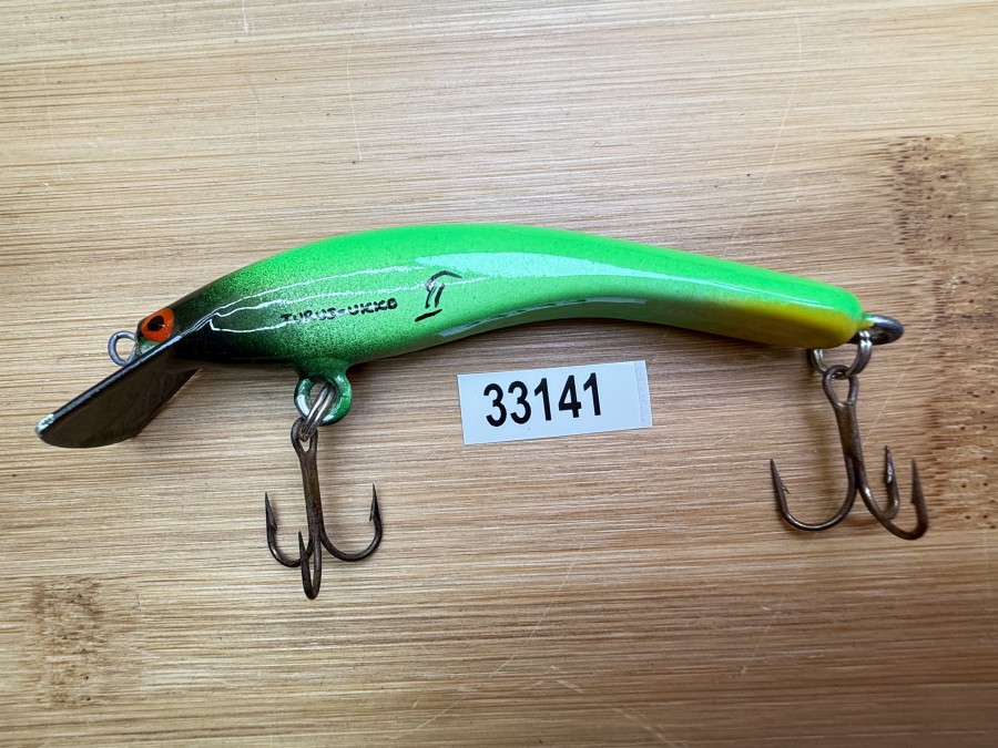 Wobbler, Turus Ukko, Handmade in Finland, gemarkt, grün/schwarz, 9cm, 11,00g, ungefischt