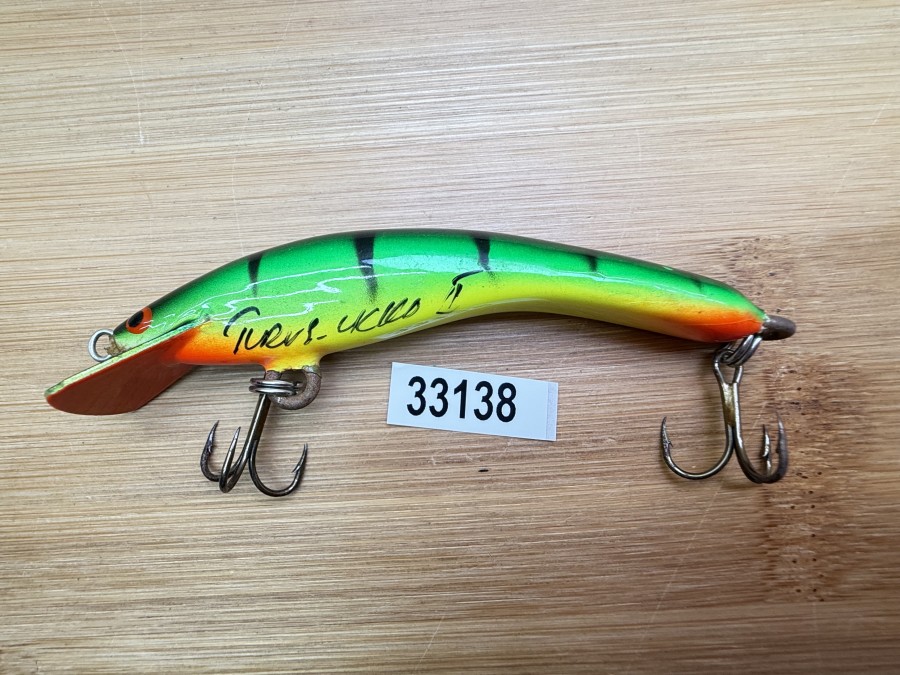 Wobbler, Turus Ukko, Handmade in Finland, gemarkt, Parrot, orange/gelb/grün/schwarz, 9cm, 11,00g, ungefischt