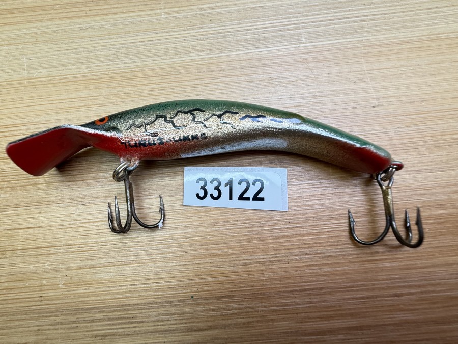 Wobbler, Turus Ukko, Handmade in Finland, gemarkt, rot/gold/dunkelgrün/schwarz, 7cm, 5,00g, ungefischt