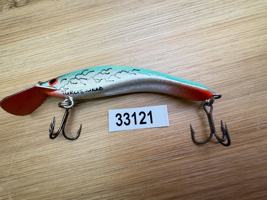 Wobbler, Turus Ukko, Handmade in Finland, gemarkt, rot/silver/hellgrün/schwarz, 7cm, 5,00g, ungefischt
