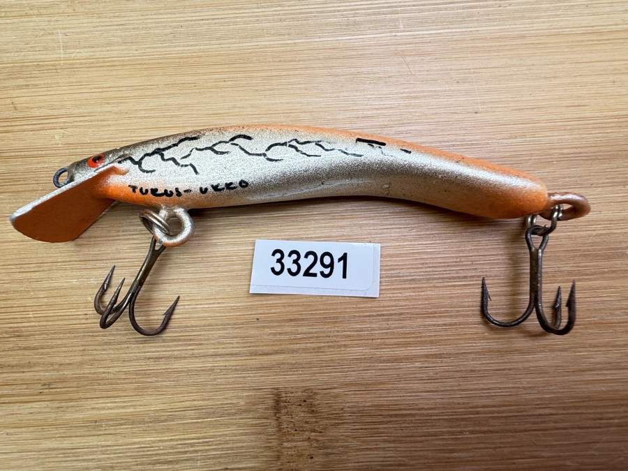 Wobbler, Turus Ukko, Handmade in Finland, gemarkt, Gravedigger,  orange/silber/orange/schwarz, 9cm, 11,00g, ungefischt