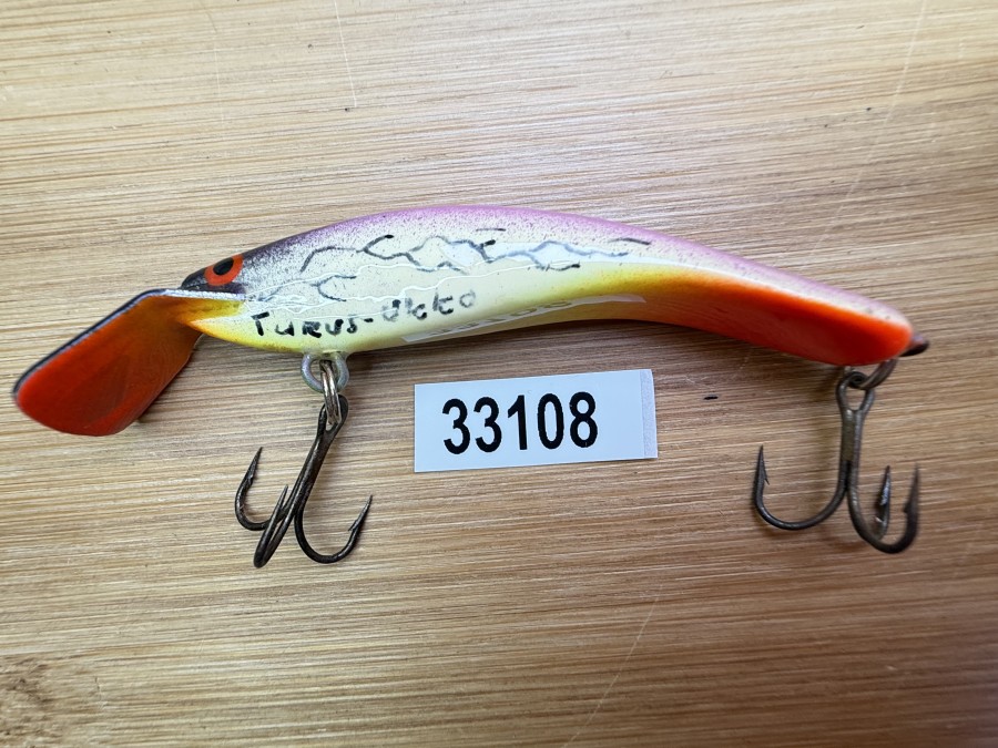 Wobbler, Turus Ukko, Handmade in Finland, gemarkt, orange/gelb/oliv/dunkel, schwarze Punkte, 7cm, 5,00g, ungefischt