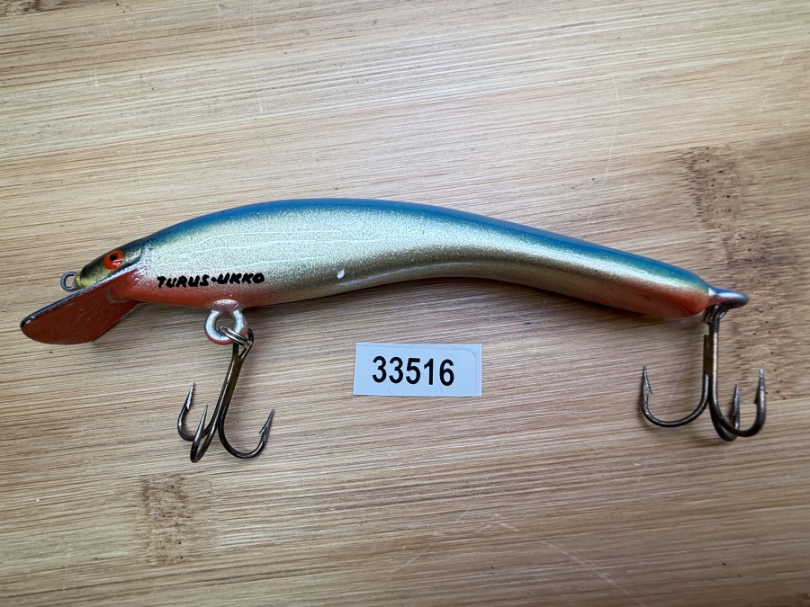 Wobbler, Turus Ukko, Handmade in Finland, gemarkt, orange/gold/blau/schwarz, 12cm, 15,00g, ungefischt