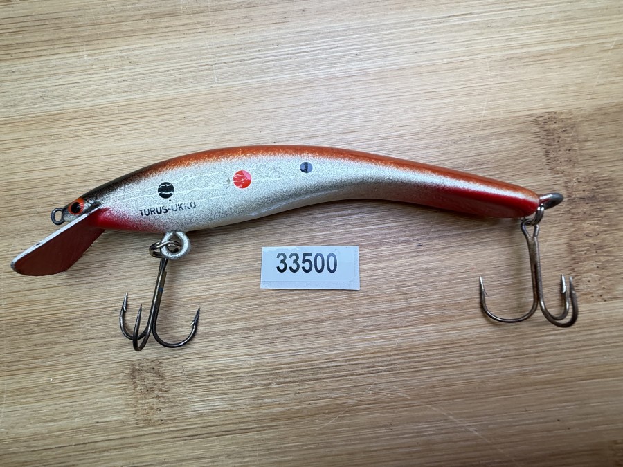 Wobbler, Turus Ukko, Handmade in Finland, gemarkt, rot/creme/rot/schwarz, mit roten und schwarzen Punkten, 12cm, 15,00g, ungefischt