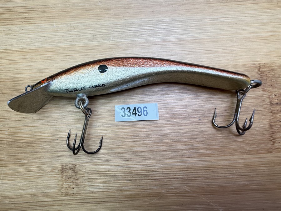 Wobbler, Turus Ukko, Handmade in Finland, gemarkt, orange/beige/violett/schwarz, mit schwarzen Punkten, 12cm, 15,00g, ungefischt