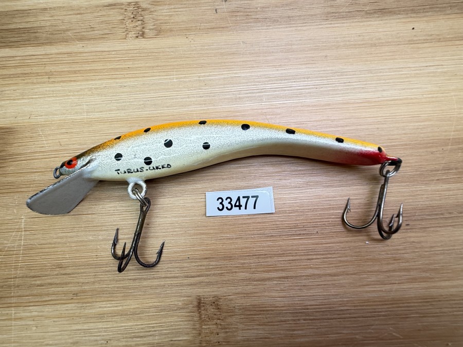 Wobbler, Turus Ukko, Handmade in Finland,gemarkt, rot/creme/gold/orange/schwarz, mit schwarzen Punkten, 12cm, 15,00g, ungefischt