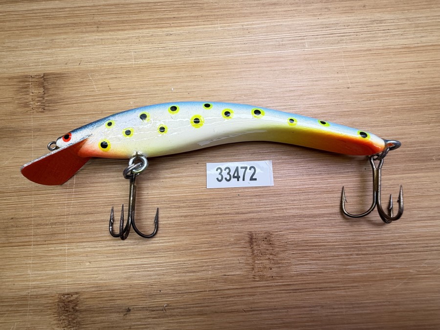 Wobbler, Turus Ukko, Handmade in Finland, orange/creme/blau/schwarz, mit gelb/schwarzen Punkten, 12cm, 15,00g, ungefischt