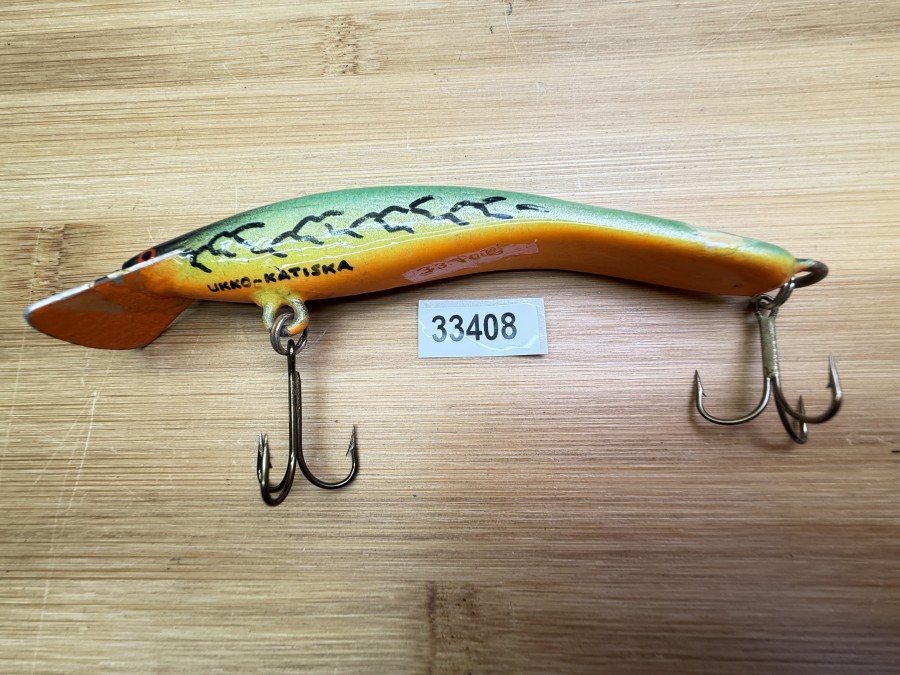 Wobbler, Turus Ukko, Handmade in Finland, gemarkt, orange/grün/schwarz, 12cm, 15,00g, ungefischt