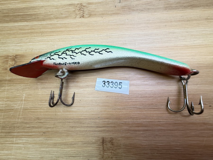 Wobbler, Turus Ukko, Handmade in Finland, gemarkt, rot/silber/grün/schwarz, 12cm, 15,00g, ungefischt