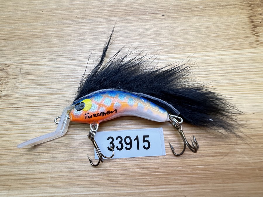 Wobbler, Turunen Finland, gemarkt, 4cm, 4g, beige/orange/blau, schwarzer Fellstreifen, ungefischt