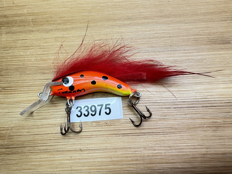 Wobbler, Turunen Finland, gemarkt, 4cm, 4g, gelb/rot/schwarz, roter Fellstreifen, ungefischt