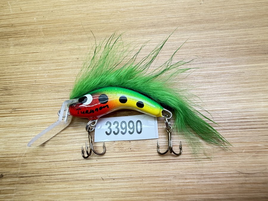 Wobbler, Turunen Finland, gemarkt, 4cm, 4g, gelb/rot/grün(schwarz, grüner Fellstreifen, ungefischt