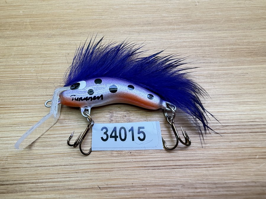 Wobbler, Turunen Finland, gemarkt, 4cm, 4g, orange/silber/violett/schwarz, violetter Fellstreifen, ungefischt