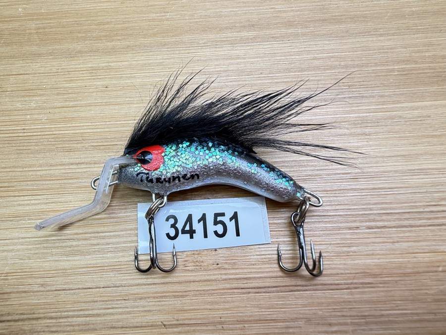 Wobbler, Turunen Finland, gemarkt, 3cm, 4g, silber/schwarz/Glitzer, schwarzer Fellstreifen, ungefischt