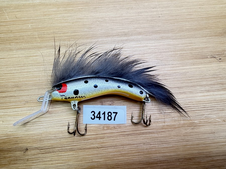 Wobbler, Turunen Finland, gemarkt, 6cm, 8g, gelb/silber/schwarz, grauer Fellstreifen, ungefischt