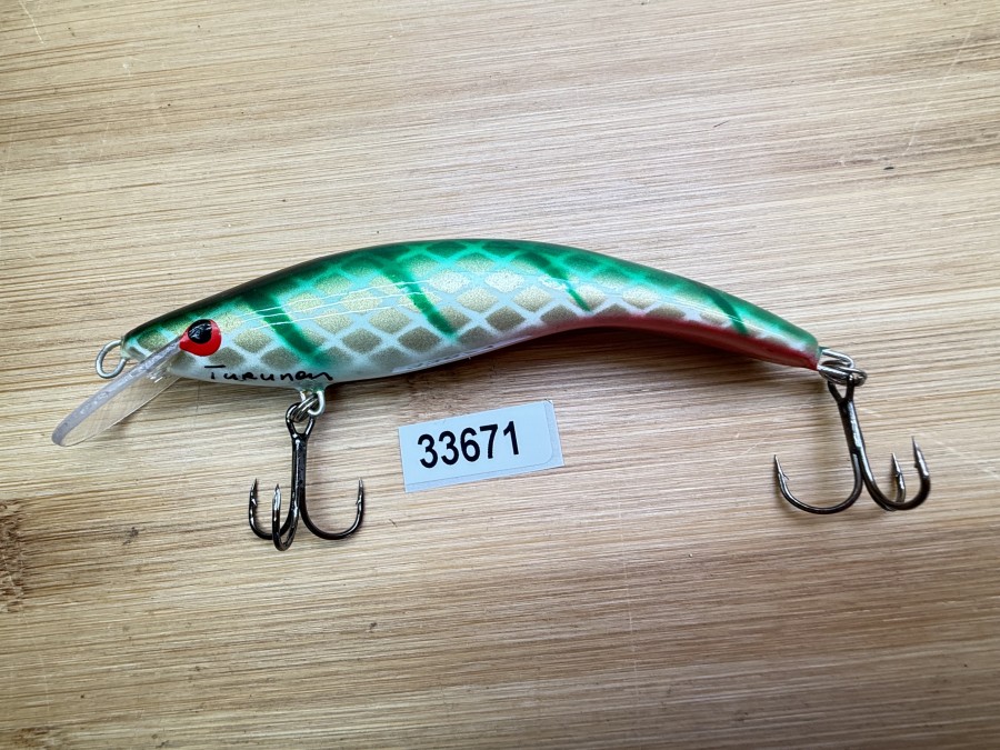 Wobbler, Turus Ukko, Turunen gemarkt, rot/beige/gold/grün/schwarz, 10cm, 12g, ungefischt