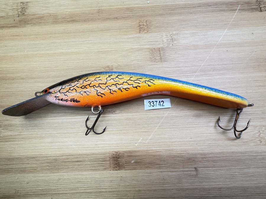 Wobbler, Turus Ukko, Handmade in Finland, Turus Ukko gemarkt, Kingfisher, rot//gelb/blau/schwarz, 20cm, 56g, ungefischt,