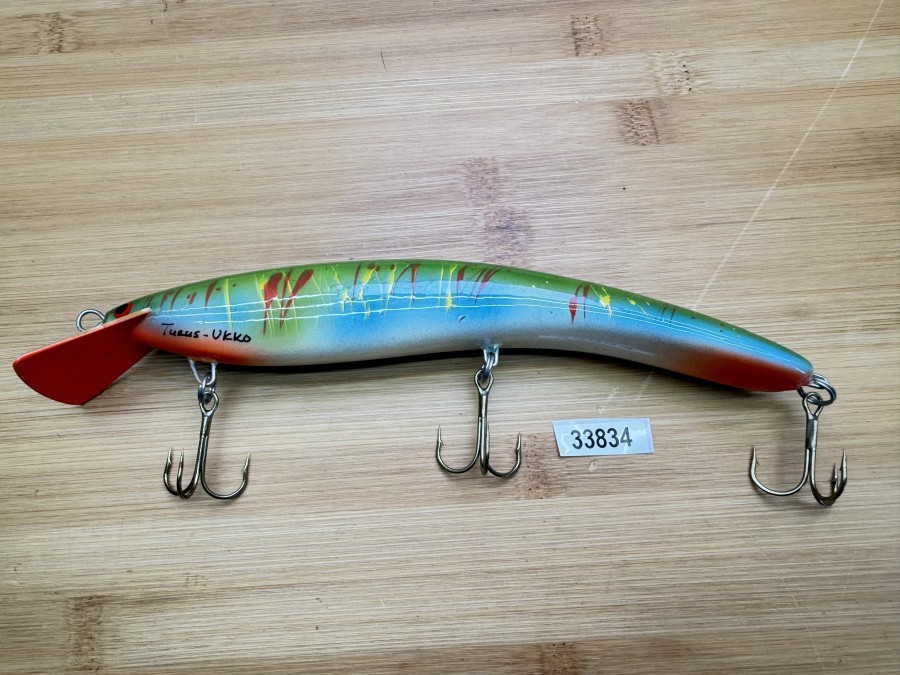 Wobbler, Turus Ukko Sonderedition Oktober 1991, Handmade in Finland, Turus Ukko gemarkt, Loka kuu 2/5, orange/silber/blau/grün, 20cm, 52g, ungefischt