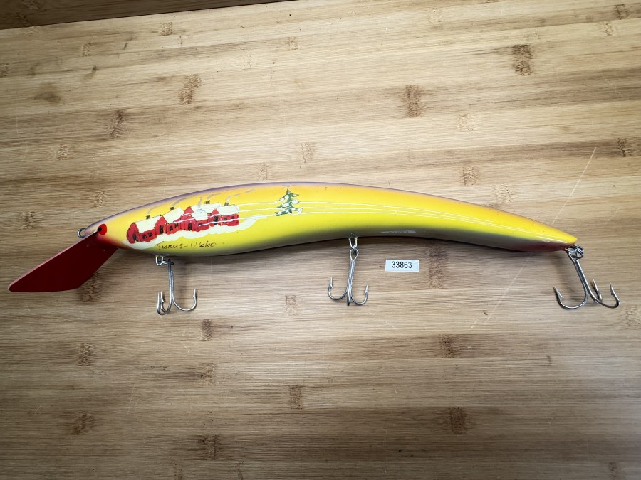Wobbler, Turus Ukko Sonderedition Dezember 1991, Handmade in Finland, Turus Ukko gemarkt, Joulu kuu 5/5, rot,/beige/gelb/orange/violett, 40cm, 456g, ungefischt