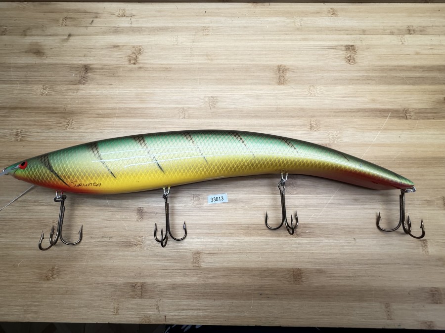 Wobbler, Turus Ukko, Handmade in Finland, Turunen gemarkt, rot/gelb/gold/grün/schwarz, 50cm, 594g, ungefischt