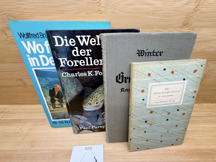 4 Bücher, Der kleine Goldfischteich, Insel-Bücherei Nr. 255, Die Welt der Forellen, Charles K. Fox, 1963, Wo fängt man in Deutschland, Wallfred Brümmer, 1984, Grundandeln Angelsport Band I, Winter, 1928