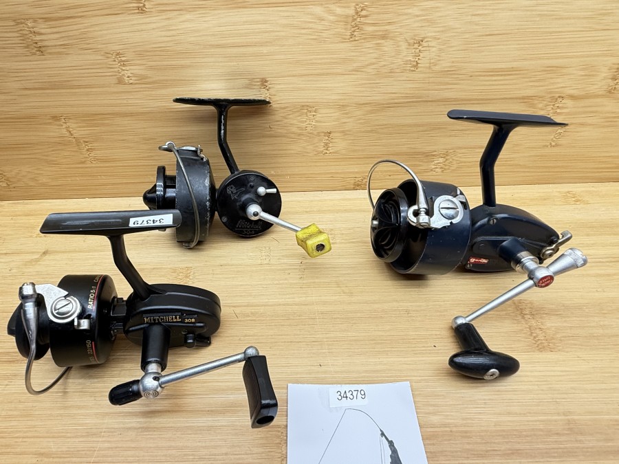 3 Stationärrollen, Mitchell 308, All Bearing, Mitchell 304, Balzer Logo, Mitchell 410, Garcia, Gebrauchsspuren