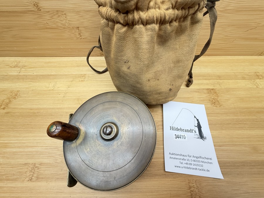 Vintage Angelrolle, Messing, Horngriff, Gewicht 608g, Rollendurchmesser 100mm, Rollenbreite 35mm, Hardy-Rollentasche, schönes Dekostück