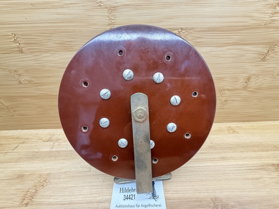 Vintage Angelrolle, Bakelite/Messing, ohne Knarre, Rollendurchmesser 170mm, Rolllenbreite 33mm, Gewicht 611g, Gebrauchsspuren