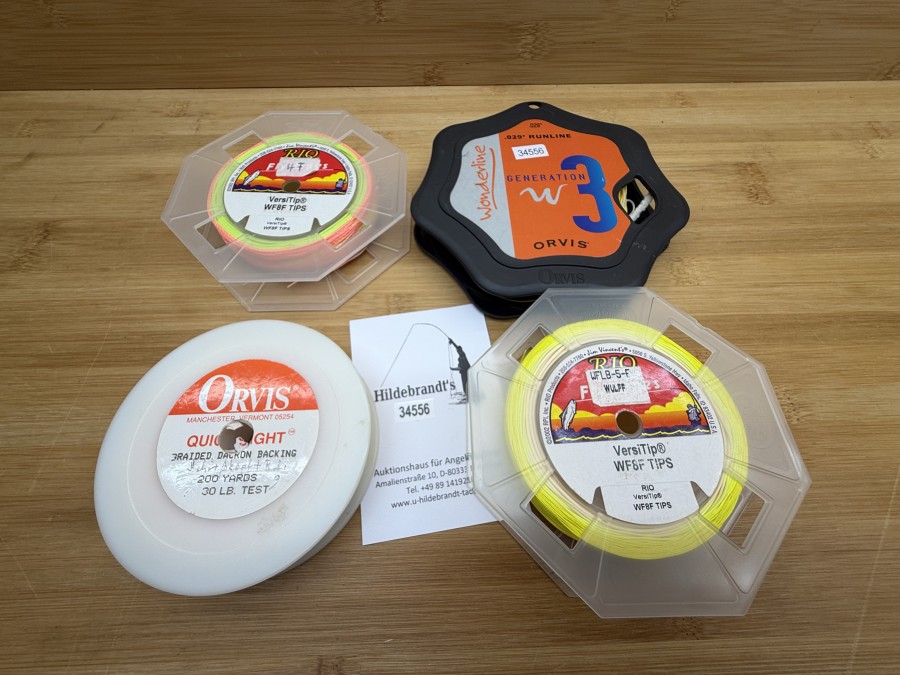 4 Fliegenschnüre, gefischt, Wulff WFLB-5-F mit Backing, Orvis Schusskopf, Rio WF 4 F mit Backing, Orvis Wonderline, Generation 3,  .029 Runline